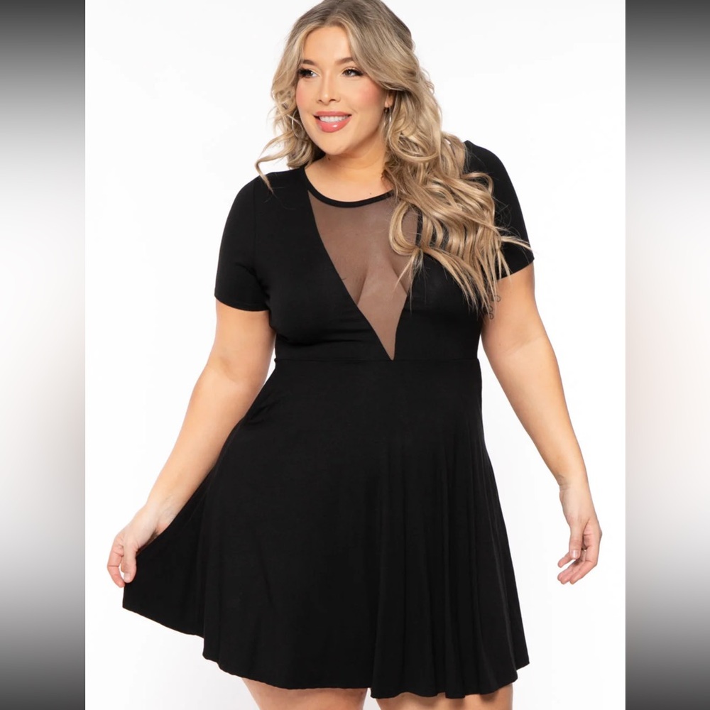 Curvy Sense Black Mesh Panel Skater Dress